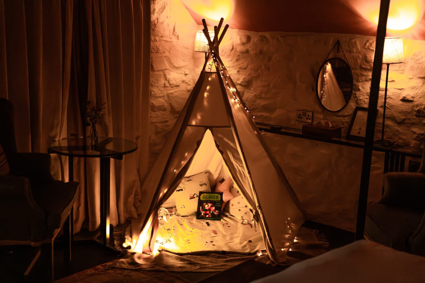 Children's bedroom teepee with fairy lights